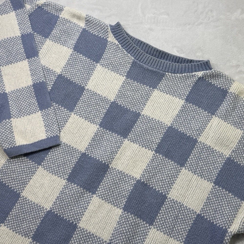 Vintage SWAK Made USA Blue White Checkered‎ Knit Sweater Boxy XL 80s